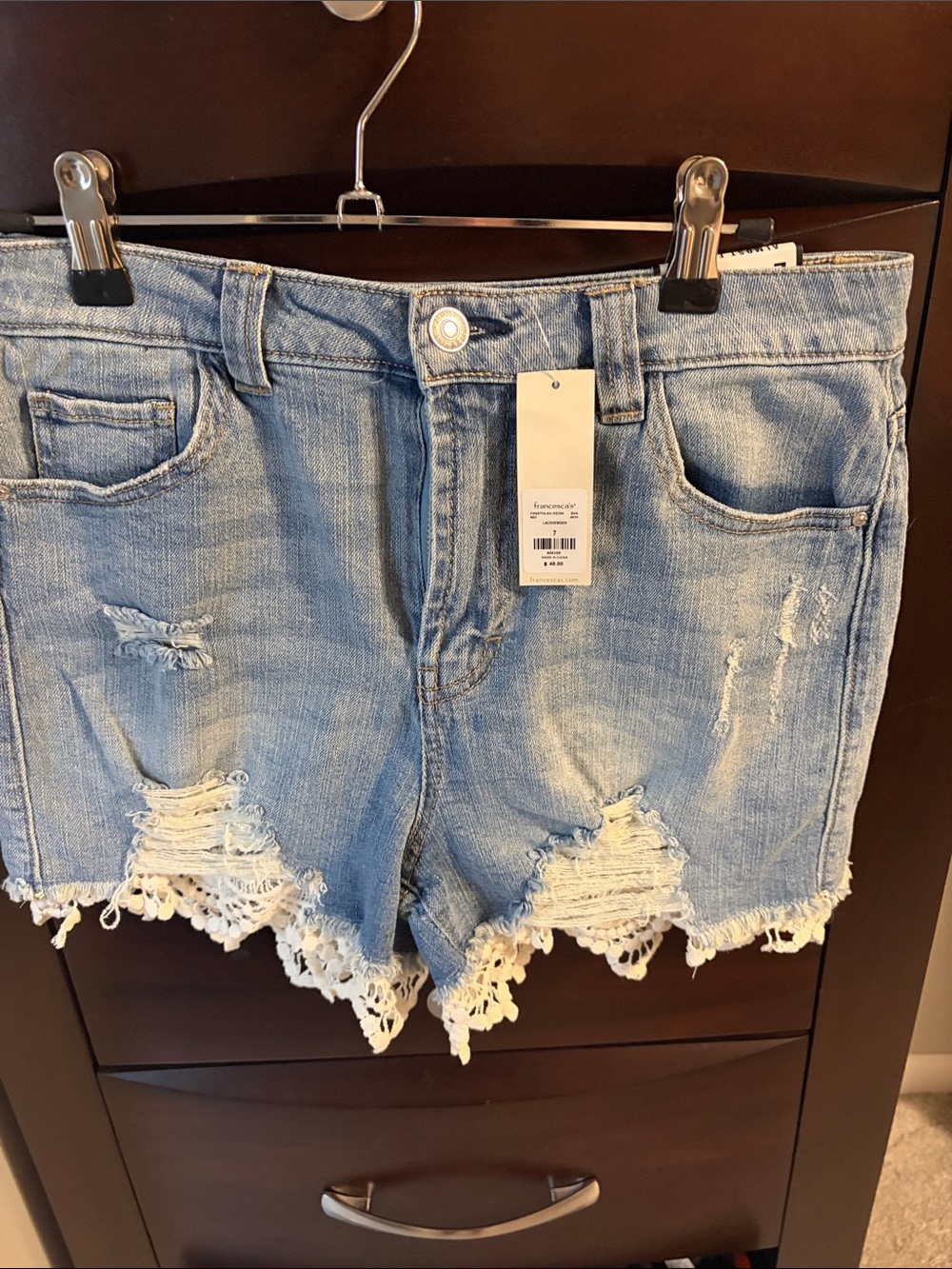 Almost Famous Light Blue Distressed Denim Shorts with Crochet Hem